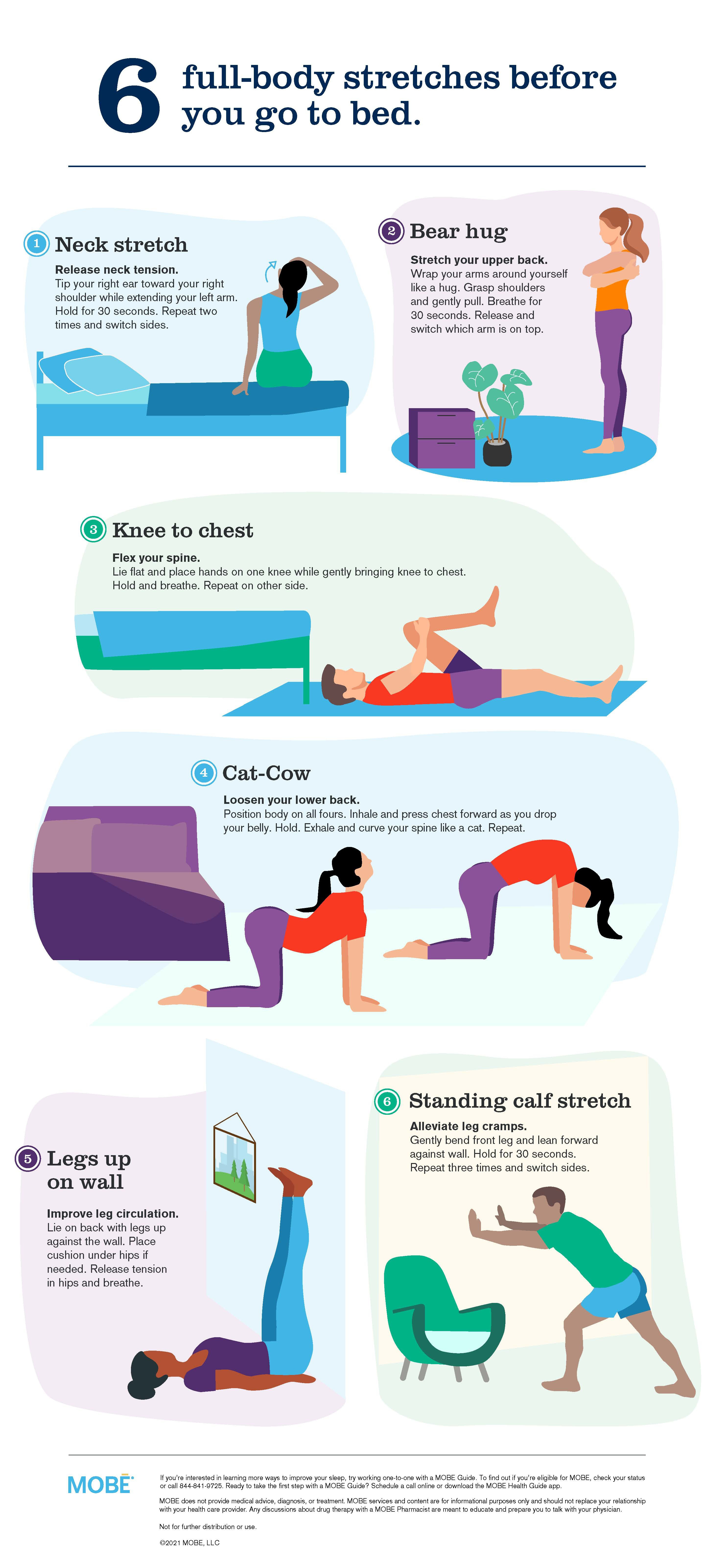 1- Neck Stretch
Release neck tension.
Tip your right ear toward your right shoulder while extending your left arm. Hold for 30 seconds. Repeat two times and switch sides.

2 - Bear Hug
Stretch your upper back.
Wrap your arms around yourself like a hug. Grasp shoulders and gently pull. Breathe for 30 seconds. Release and switch which arm is on top. 

3 - Knee to chest
Flex your spine.
Lie flat and place hands on one knee while gently bringing knee to chest. Hold and breathe. Repeat on other side. 

4 - Cat-Cow
Loosen your lower back.
Position body on all fours. Inhale and press chest forward as you drop your belly. Hold. Exhale and curve your spine like a cat. Repeat. 

5 - Legs Up on Wall
Improve leg circulation.
Lie on back with legs up against the wall. Place cushion under hips if needed. Release tension in hips and breathe. 

6 - Standing Calf Stretch
Alleviate leg cramps.
Gently bend front leg and lean forward against wall. Hold for 30 seconds. Repeat three times and switch sides.