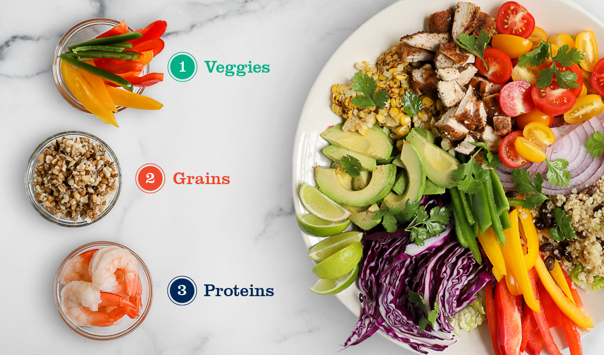 Veggies, protein, whole grains, and seasonings combine to make a colorful, balanced, and healthy meal