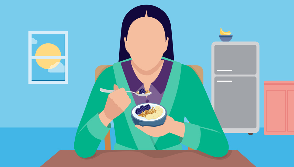 Cartoon of a woman eating out of a bowl.