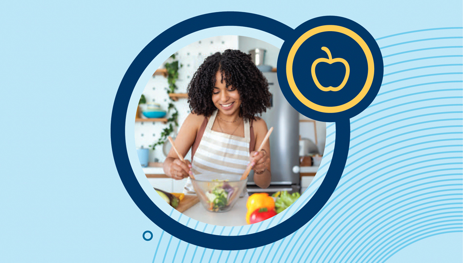 A woman prepares a recipe from the MOBE Menu Guide.