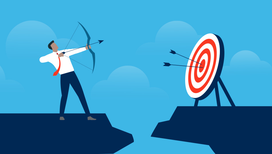 A business person hits a bullseye with a bow and arrow.