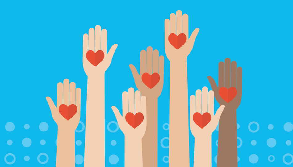 Raised hands with hearts on them.