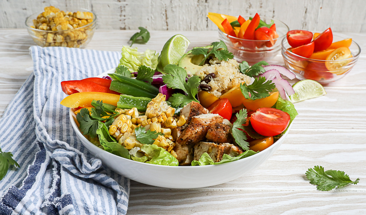 Grilled chicken, corn, and quinoa combine for a tasty and nutritious meal with a Tex-Mex kick