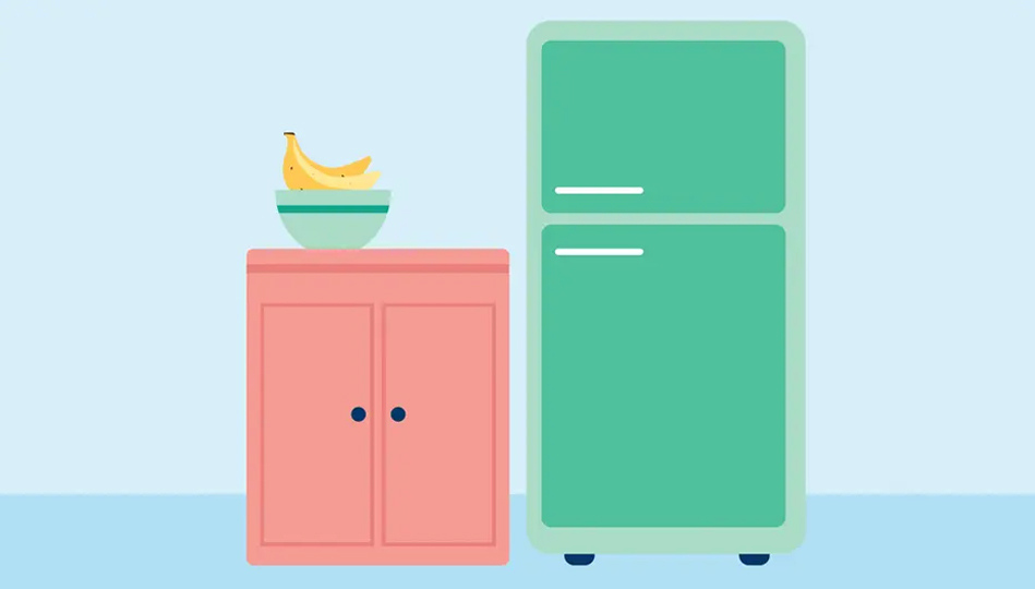 An illustration of a cabinet next to a fridge.